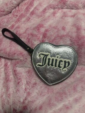 Juicy Couture Silver Metallic Heart Wristlet with Black Strap